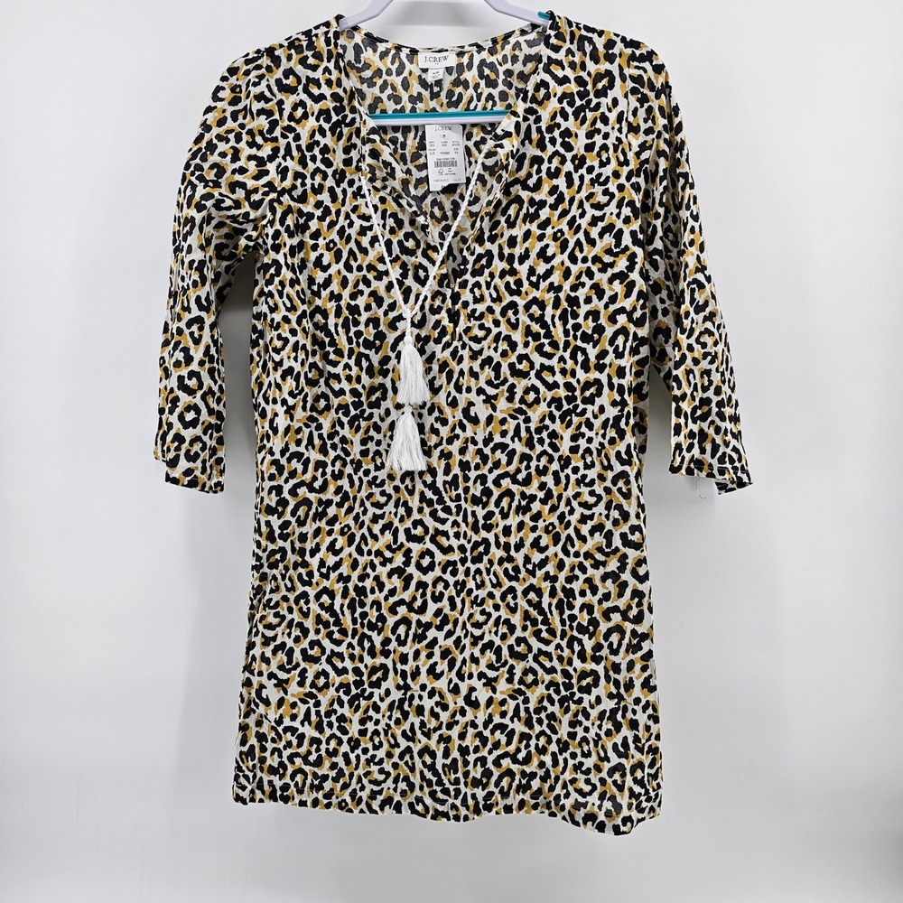 J.Crew Tunic Top Women XS Yellow Black Leopard Print Cotton Tassel AP275 NWT